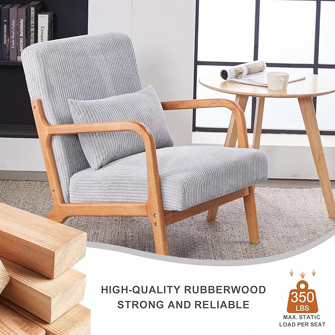 JOYBASE Mid Century Modern Accent Chair Lounge Reading Armchair with Wood Frame for Living Room Office Bedroom (Polyester Fabric Light Grey)