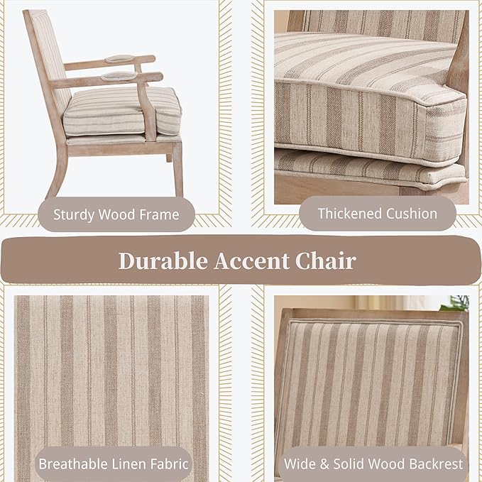 chairus Farmhouse Linen Accent Chair Set of 2 Upholstered Reading Chair with Solid Wood Frame Lounge Arm Chair with High Back for Living Room Reception Room Waiting Room Khaki Stripe