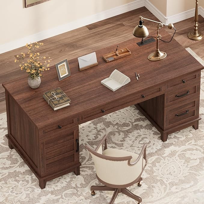 GarveeHome Executive Desk with File Drawers Farmhouse Home Office Desk with Charging Station 60 in Wooden Computer Desk with Cabinet Storage for Work Study Writing Walunt Brown