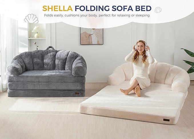 MAXYOYO Folding Sofa Bed 2 in 1 Convertible Sofa to Lounger Comfy Loveseat Bean Bag Chair for Adults Floor Sleeper Couch with Handle Faux Fur Couch Bed for Living Room Bedroom Grey Loveseat