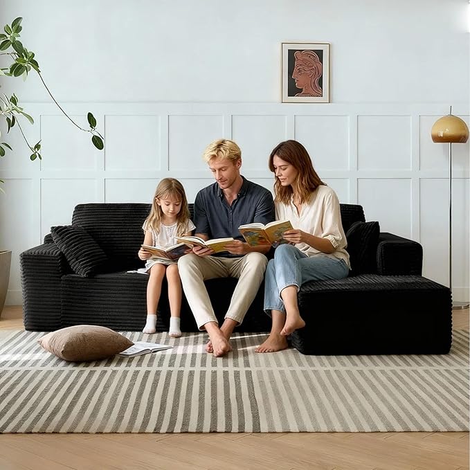104 L-Shaped Cloud Sectional Sofa with Oversized Chaise Modular 3-Seater Corduroy Couch for Living Room &amp Bedroom Deep Seat No Assembly Required (Black L Shape with Right FacingChaise)