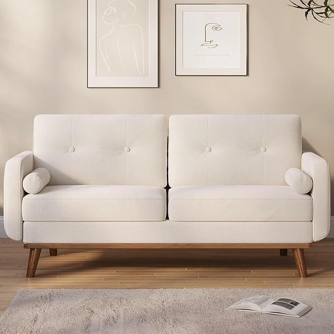Garvee 65 in Mid Century Modern Loveseat Sofa for Small Spaces 2 Seater Linen Upholstered Couch with Button Tufted Design &amp Wood Legs Small Couch for Living Room Bedroom Office Apartment Bei