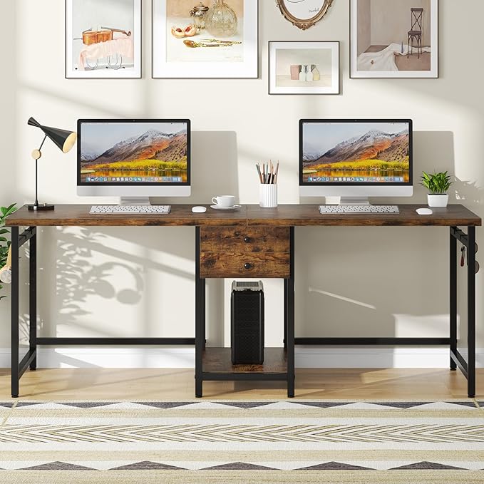 Tribesigns Two Person Desk 79 Inch Double Desk with 2 Drawers Large Computer Desk Long Desks with Storage Shelves Writing Table Study Desk for Home Office Rustic Brown (NY001)