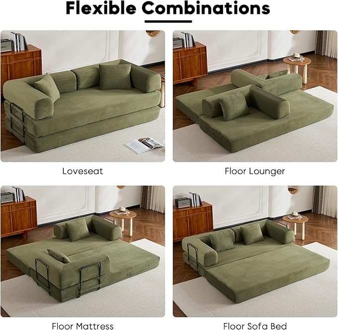Convertible Sleeper Sofa Bed with Cylindrical Pillow Corduroy Folding Boneless Couch with Fixed-Shape Frame Comfy Floor Sofa Couch for Living Room No Assembly Required Green