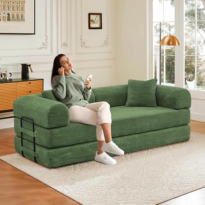 78 Convertible Sleeper Sofa Bed with Cylindrical Pillow Corduroy Folding Mattress Couch with Fixed Frame Floor Sofa Lounge Couch for Living Room Bedroom Apartment Army Green