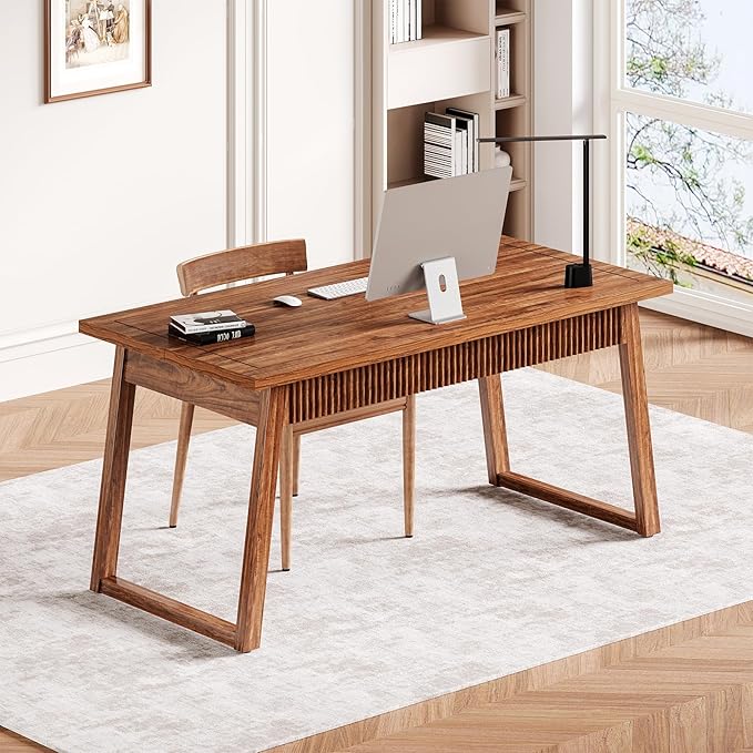 LITTLE TREE 55-Inch Home Office Desk with Drawer Modern Minimalist Style Wooden Simple Study Writing Table Mid-Century Log Executive Desk Computer Desk PC Laptop Desk Workstation Walnut Brown