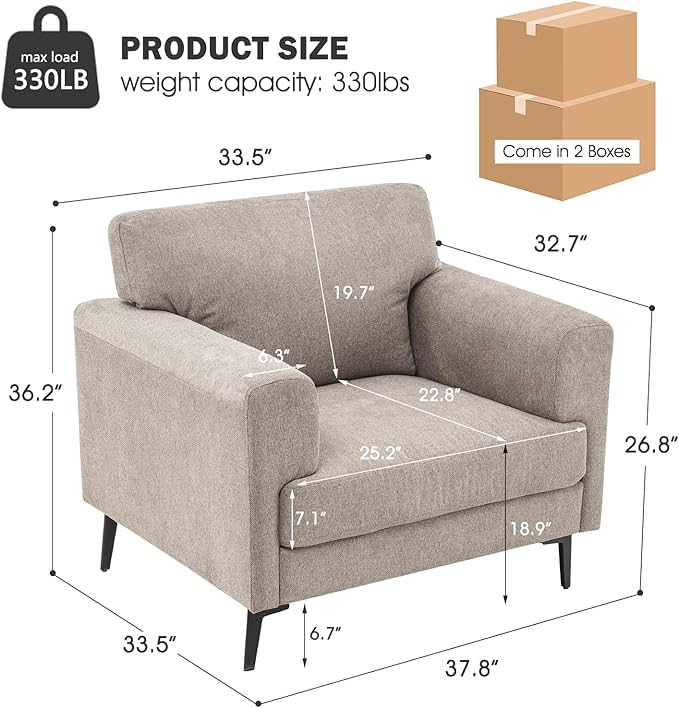 Oversized Accent Chair Upholstered Living Room Chairs Single Sofa Chair w/Metal Legs Comfy Linen Fabric Reading Lounge Armchair for Apartment Bedroom Office Light Brown 2PCS