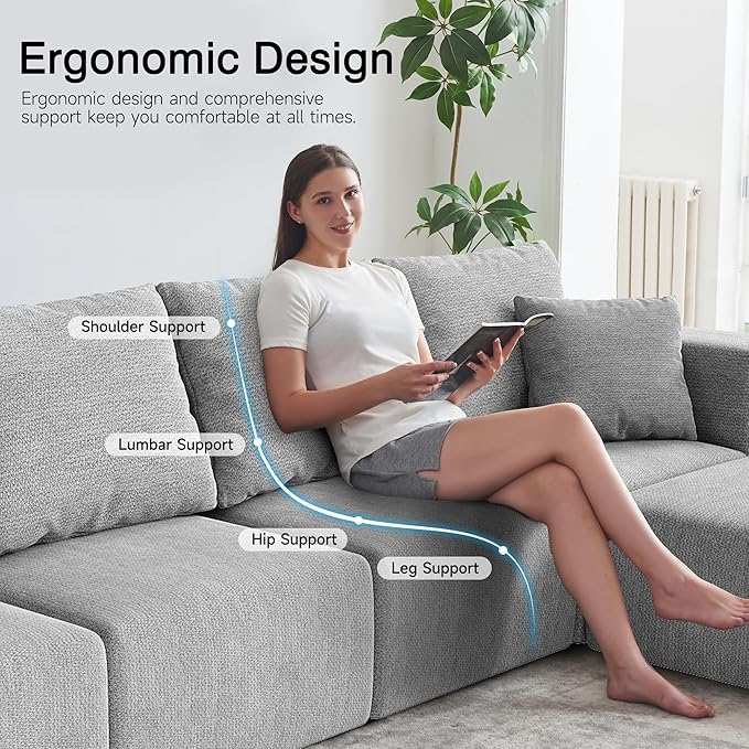 152'' Cloud Couch Sectional Deep Seat Upholstered Sofa Chenille Grey Modular Sectional Couches for Living Room Memory Foam with 6 Pillows No Assembly Required