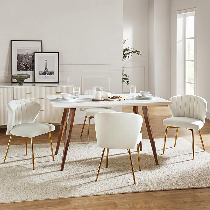 HULALA HOME Velvet Dining Chair Modern Small Vanity Chair with Back Metal Legs Elegant Tufted Armless Accent Chair Living Room Bedroom Beauty Room-Ivory