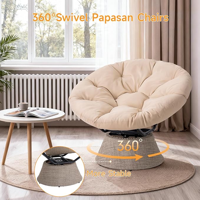 ONBRILL 43″ Ergonomic Papasan Chair with Soft Thick Cushion and Sturdy Steel Frame 360 Degree Swivel Chair for Living Room Bedroom Reading Room Patio Outdoor Beige