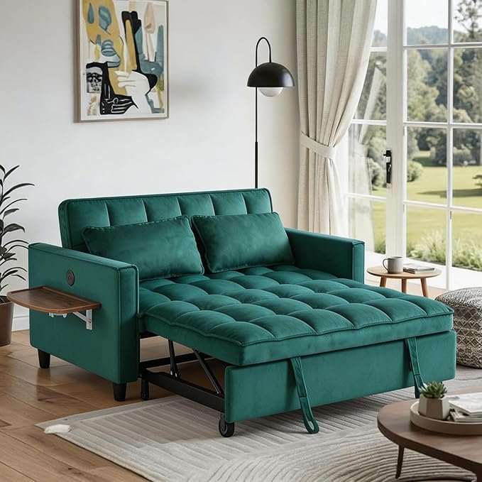 3 in 1 Sofa Bed Pull Out Couch with Side Pockets Loveseat Sleeper Sofa Bed with Side Table Pull Out Couch with USB Ports for Living Room Bedroom Apartment Green