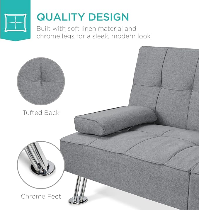 Best Choice Products Linen Modern Folding Futon Reclining Sofa Bed for Apartment Dorm w/Removable Armrests 2 Cupholders - Gray
