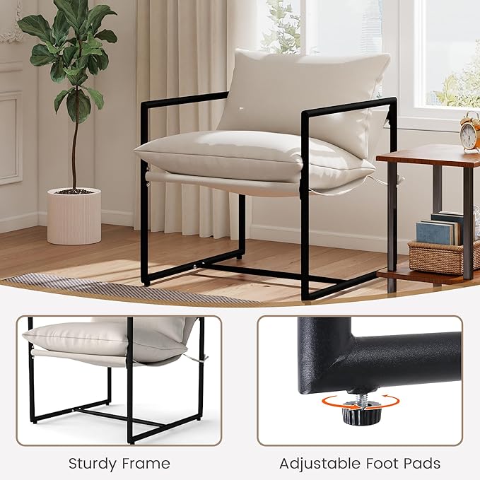 Modern Accent Chair with Arms Comfortable Living Room Seating Square Metal Frame Soft Upholstered Cushion Sponge Filling Easy to Assemble Set of 2 Beige