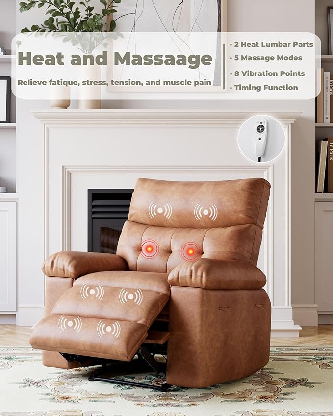 Garvee Recliner Chair Oversized Reclining Sofa Adjustable Manual Recliner Lounge Chair with Massage &amp Heat - Retro Brown