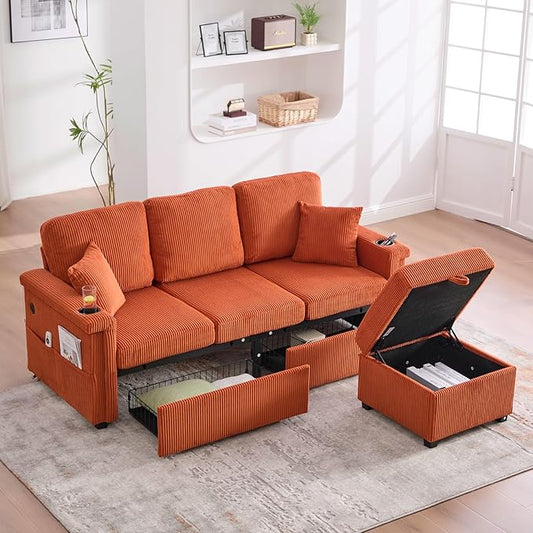 76.8 L-Shaped Sleeper Sofa with Storage Ottoman USB Ports Cup Holders&ampLED Lights Side Pockets Comfy Corduroy Modern 3-Seater Small Couch Bed for Living Room with 2 Throw Pillows (Orange)