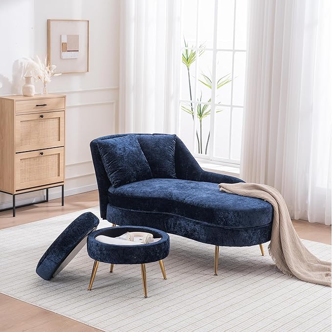 Modern Curved Chaise Lounge Chair Indoor 58 Chenille Lounge Sofa with Left Armrest &amp Lumbar PillowsUpholstered Leisure Recliner Chair with Removable Storage Footstool for Living Room (Blue)