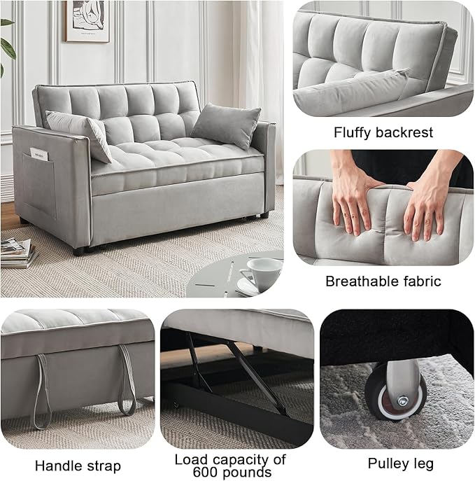 Velvet Convertible Sleeper Sofa 3-in-1 Pull Out Couch Bed with PillowsAdjustable BackrestStorage Pockets with Armrests for Living Room &amp Bedroom (Grey)