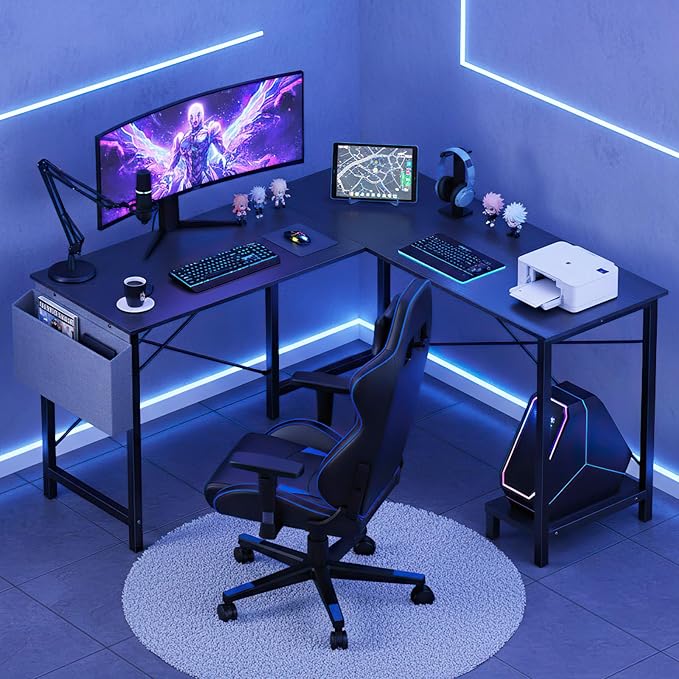 DUMOS L Shaped Desk Computer Gaming Corner Table 50 Inch Home Office Writing Student Work PC Workstation with Side Storage Bag CPU Stand for Bedroom Small Spaces