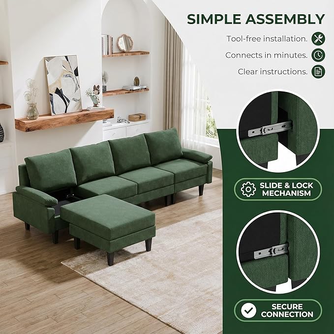 4-Seat U-Shaped Modular Sofa with Double Storage Ottoman - Space-Saving Convertible Lounge Couch for Home &amp Office Green