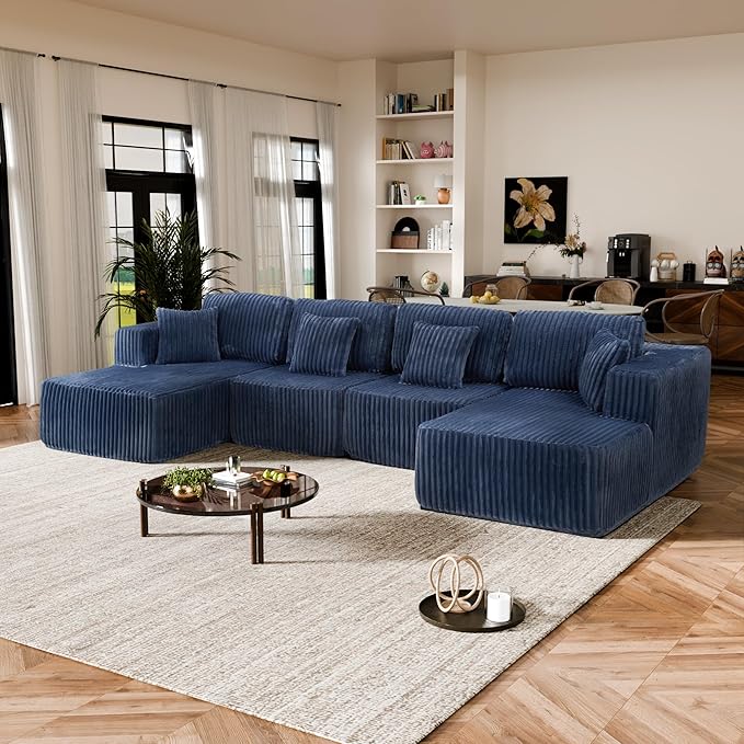 132 U Shaped Sectional Couch Large Modular Cloud Couches with Double Chaise Lounge Comfy Corduroy Cloud Sofa with Pillows Boneless Couches for Living Room Blue