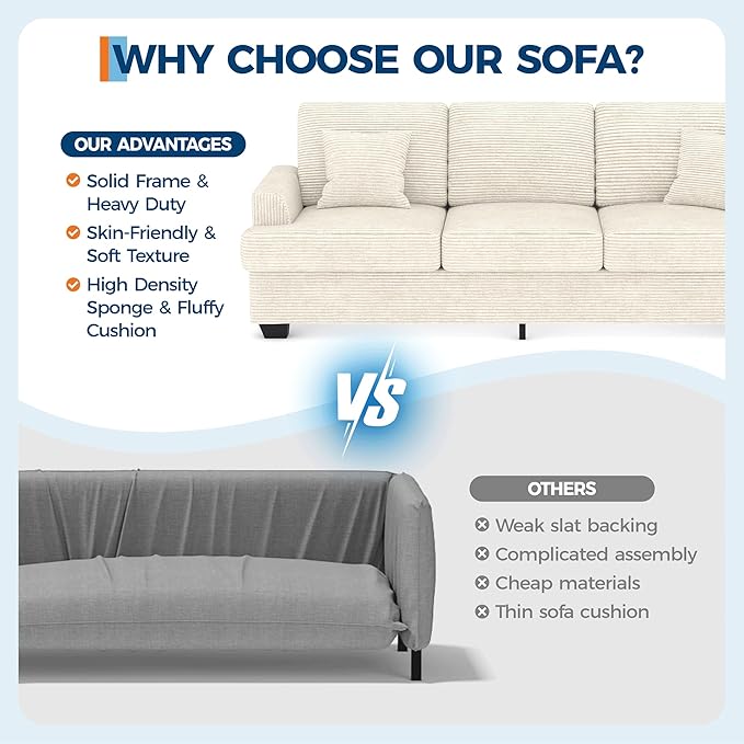 IDEALHOUSE Modern 86 Corduroy Sofa with 2 Throw Pillows Deep Seat Couch with Upholstered Cushion &amp Removable CoverComfy Corduroy Sofa Couch for Small Space Apartment Lounge Beige