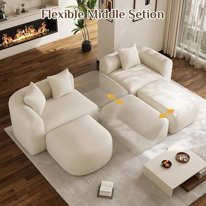 120 Curved Sectional Sofa Cream Cloud Couch Boneless Modular Sectional Couch for Living Room Oversized L Shaped Curved Couches Comfy Modern Sofa Plush Chenille with Ottoman Cream White