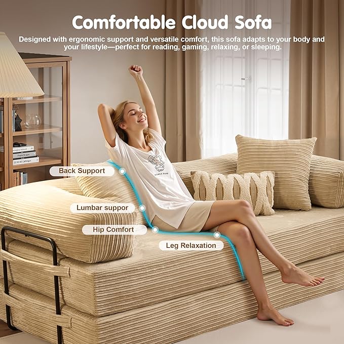 81″ Convertible Sleeper Sofa Bed with Pillows Corduroy Foldable Mattress Couch with Fixed-Shape Frame Futon Sofa Bed Boneless Couch for Living Room Bedroom Lounge Studio Beige