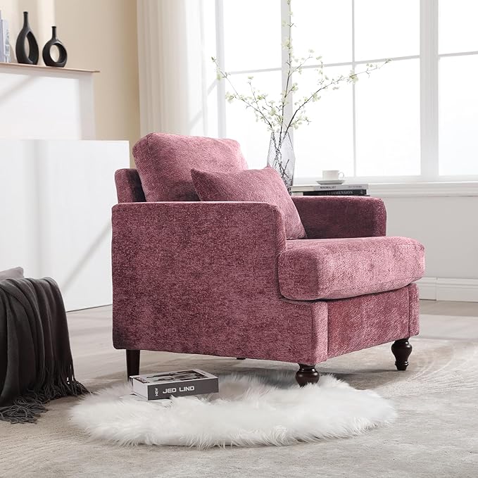 Modern Accent Chair 29'' W Comfy Chenille Tufted Lounge Armchair for Living Room Upholstered Mid Century Reading Nook Chairs Single Sofa Chair Solid Wood Frame (Wine Red)