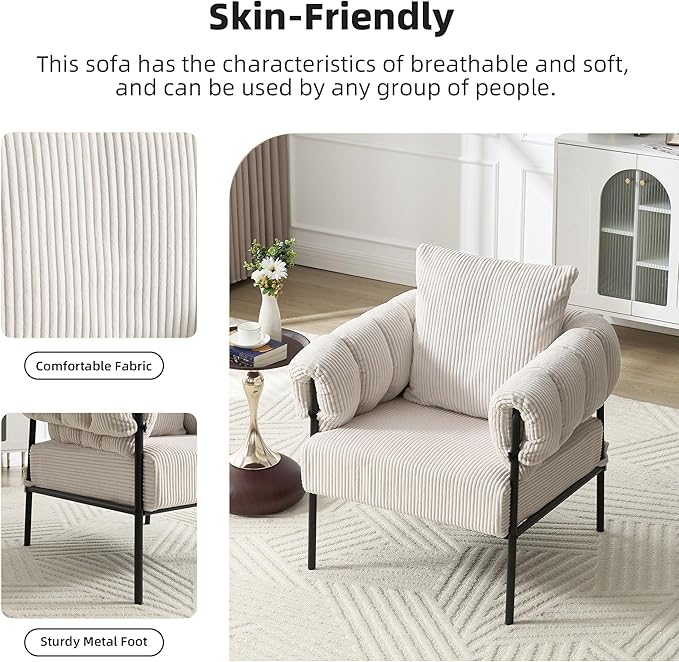 Modern Velvet Accent Chairs Set of 1 Comfy Large Living Room Sofa Chair Upholstered Fabric Armchair with Pillow and Metal Legs for Office/Bedroom/Reading Beige