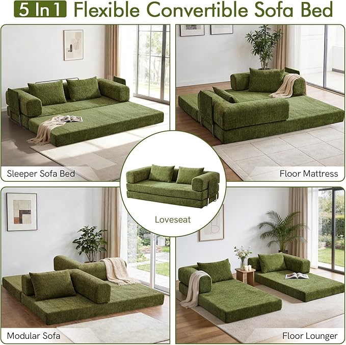81 Convertible Sofa Bed with Storage Pockets 5-in-1 High Density Foam Boneless Couch Corduroy Folding Futon Sleeper Sofa for Living Room Bedroom Apartment No Assembly Required Green