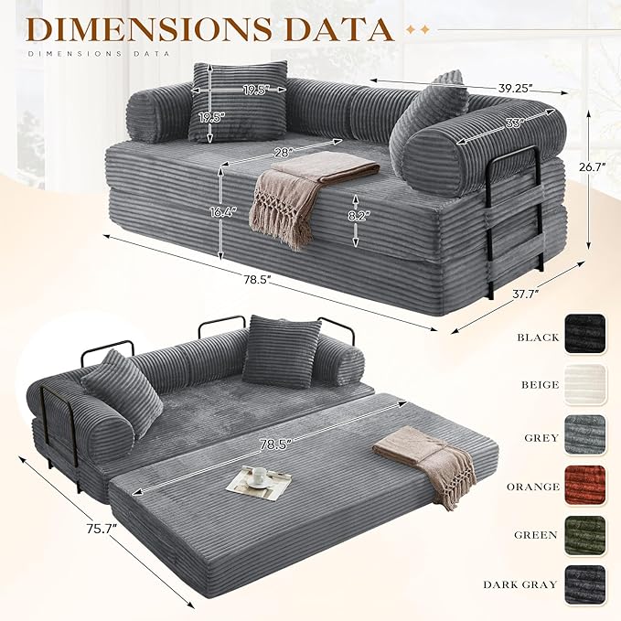 78.5W Convertible Folding Sofa Bed Corduroy Upholstered Queen Size Foam Floor Couch with Fixed-Shaped Frame Loveseat Sleeper Compression Sofa Foldable Mattress for Living Room Bedroom(Light Grey)