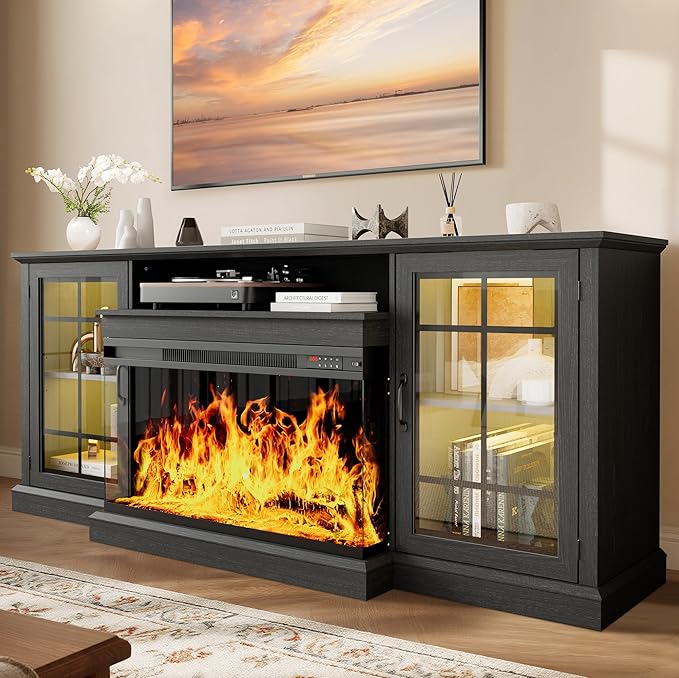 80 Fireplace TV Stand with 3-Sided Glass TV Cabinet for TVs up to 90 Modern Media Entertainment Center with Farmhouse Glass Door Storage Cabinets for Living Room Black