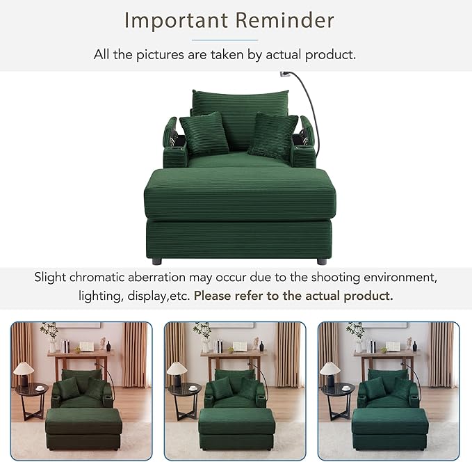 Merax Modern Corduroy Single Sofa with Ottoman Two USB Ports &amp Cup Holders Small Couch with Pillows &amp Phone Holder for Living Room Green