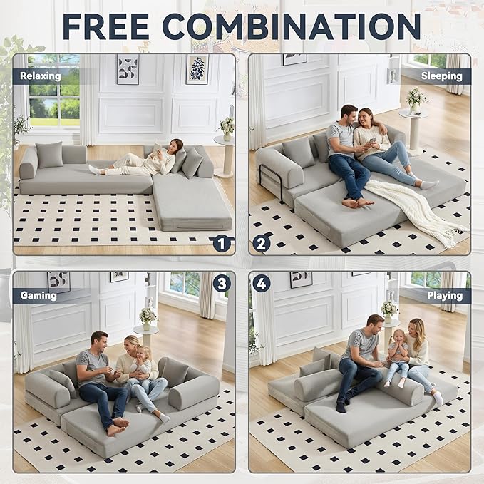 WENTMENT 80‘’Convertible Floor Sofa Bed for Living Room Boneless Couch with Deep Seat Corduroy Pull Out Sofa Bed with 3 Pillows Bedroom Apartment No AssemblyGrey