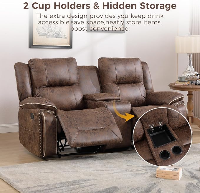 CANMOV Manual Recliner Chair Set Faux Leather Recliner Living Room Furniture Sets 2 Seater Reclining Sofa Chair with Hidden Storage and Cup Holders and Storage Pockets Brown