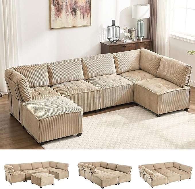 121 U Shaped Modular Sectional Sofa Couch 6 Seat Convertible Upholstered Deep Seat Sleeper Sofa with Chaise Lounge Cloud Couch for Living Room Khaki