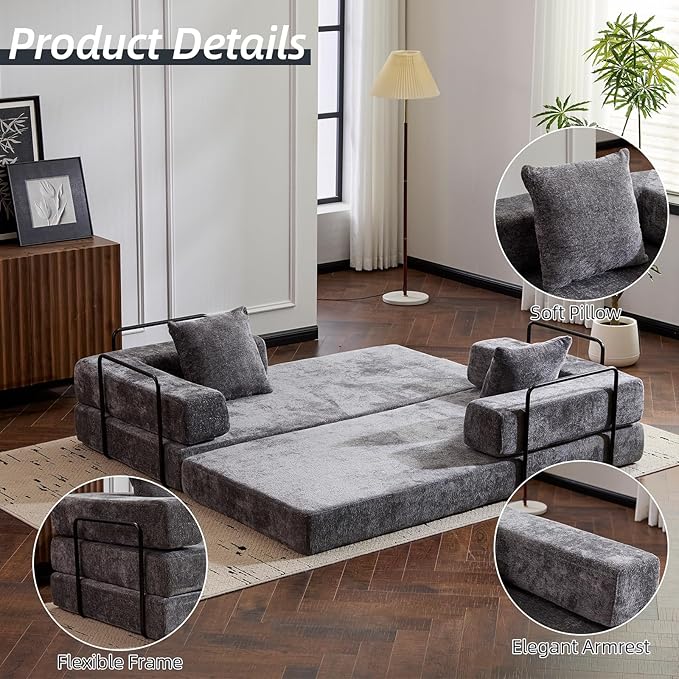 Folding Sofa Bed Convertible Sleeper Sofa Chenille Floor Couch with Pillows Fold Out Couch King Size Bed Futon Foldable Memory Foam Mattress for Living Room Bedroom Playroom (Dark Grey)