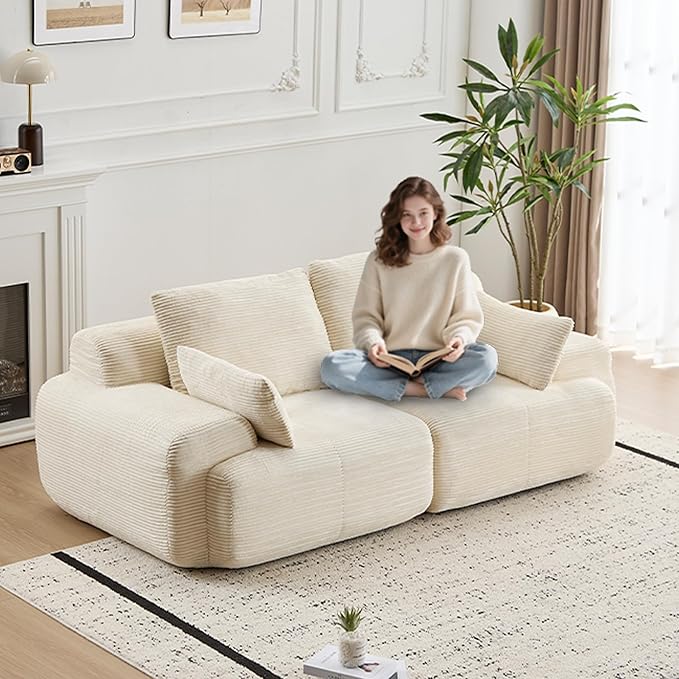 Modern Loveseat with Pillows Extra Deep Soft Cloud Love Seat with Multiple Corduroy Boneless 2 Seate Couch for Living Room Apartments Bedrooms Guest Rooms (Beige 2 Seat)