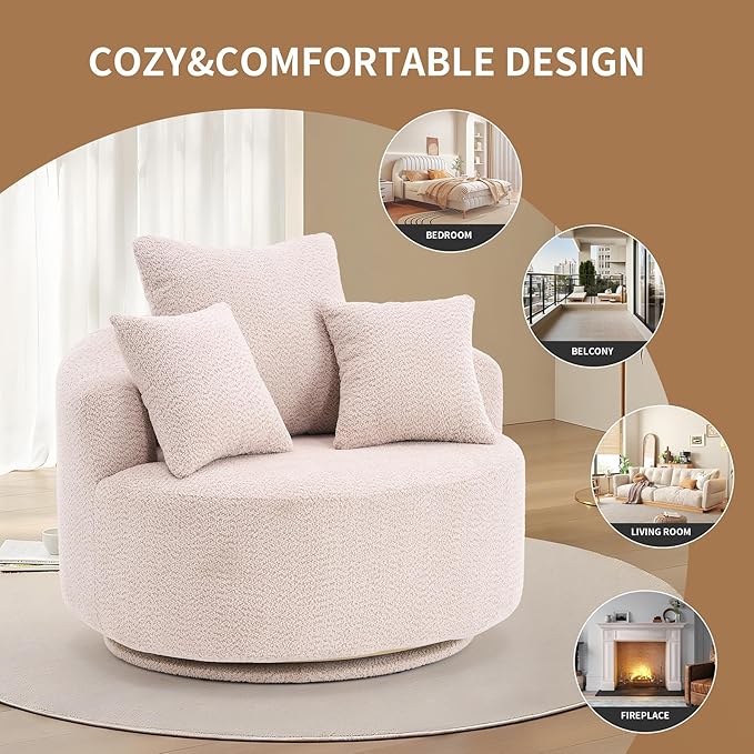 40” Beige Round Swivel Chair with 3 Pillows &amp Thick Cushion Oversized 360° Swivel Accent Chair Modern Boucle Armchair for Nursery Living Room Bedroom Club