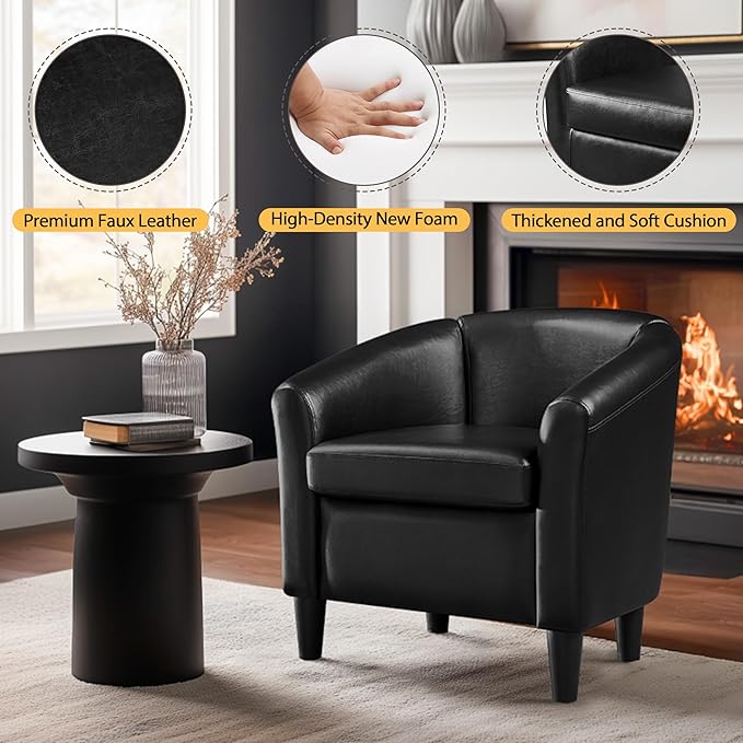 Topeakmart Faux Leather Club Chair Modern Accent Chair and Cozy Barrel Armchair with Sturdy Legs for Living Room Bedroom Reception Room Black