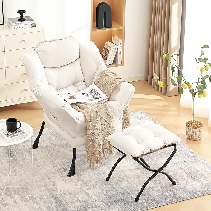 LITA Lazy Chair with Ottoman Modern Accent Leisure Upholstered Sofa Contemporary Lounge Reading Chair with Armrests and a Side Pocket for Living Room Bedroom &amp Small Space Beige