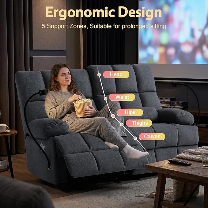 Rocker Recliner-Loveseat Recliner SofaCat-Proof Reclining Loveseat with Phone Holder RV Douber Recliner Sofa for Home TheaterLiving Room (Gray-2 Seater) | Rocker Recliner Phone Holder