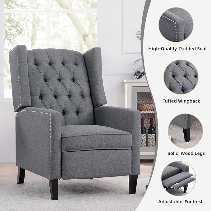 Wing Back Recliner Chair for Living Room Push Back Reclining Chairs Club Accent Chair Lounge Armchair Comfy Fabric Arm Chair with Rivet Decoration Tufted Back Solid Wood Legs Grey