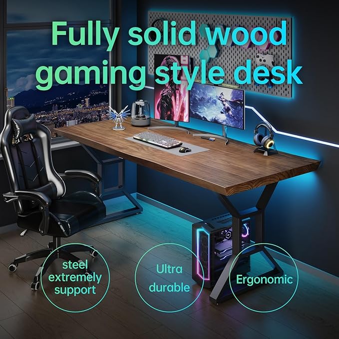Solid Wood Rustic Style 55.1-inch Computer Desk - Large Office Desk for Home Office Modern and Simple Design Ideal for DiningStudy Writing (Black-a 55.12 * 27.56 * 29.53)