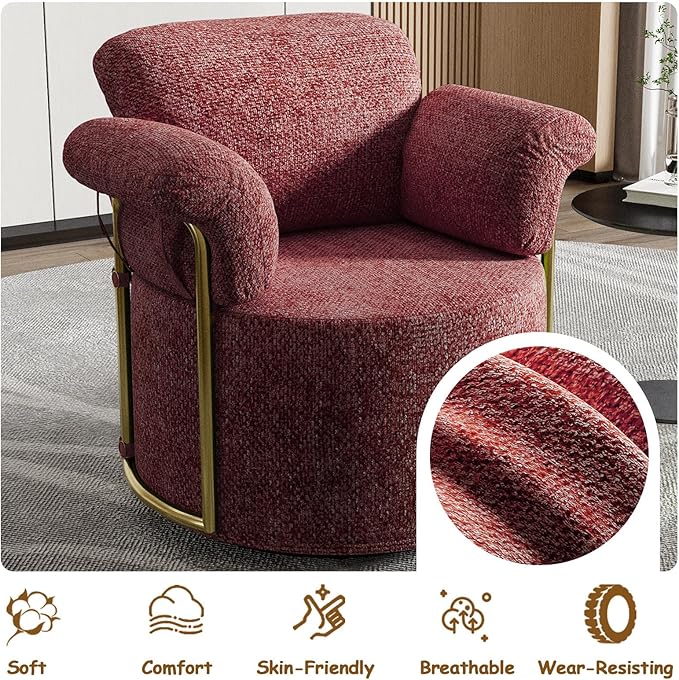 Swivel Accent Chairs for Living Room 360 Swivel Barrel Chair with Arm for Bedroom Upholstered Round Chair &amp Corner Chairs with Gold Frame for Small Spaces Chenille (Red)