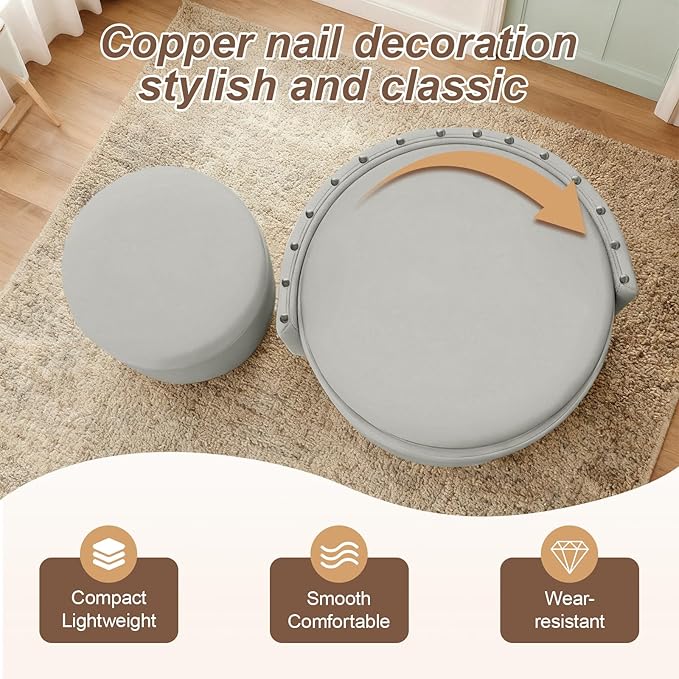 Rolling Round Vanity Chair with Storage Swivel Makeup Chair with Folding Back PU Leather Small Upholstered Ottoman for Bedroom Living Room