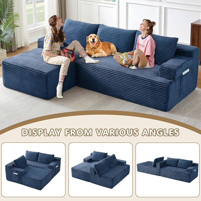 96 Modular Sectional Sofa Modern Corduroy L Shaped Cloud Couch with Side Pockets Boneless Upholstered Couches with Deep Seat for Living Room No Assembly Required (Blue Left Facing Chaise)