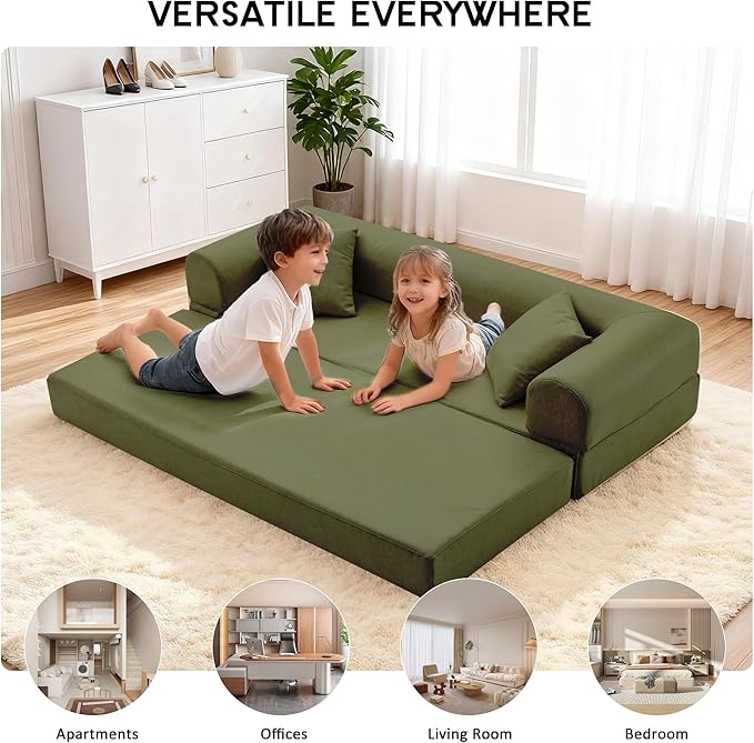 78.5 Convertible Sleeper Sofa Bed Faux Leather Deep Seat Folding Floor Sofa with Pullout Bed &amp 2 Pillows No Assembly Modern Boneless Couch Compression Sofa in Box for Living Room Office Green