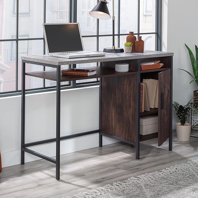 Sauder Market Commons Single Pedestal Desk Rich Walnut Finish