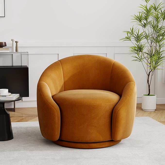 UIXE Swivel Accent Chair Velvet Barrel Chair Upholstered Arm Chair for Living Room Modern Round Club Chair with Turntable Base - Orange Set of 1